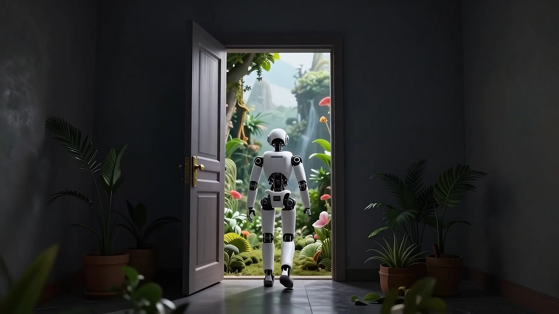 A white robot walks out of a dark room through an open door into a sunlit jungle.