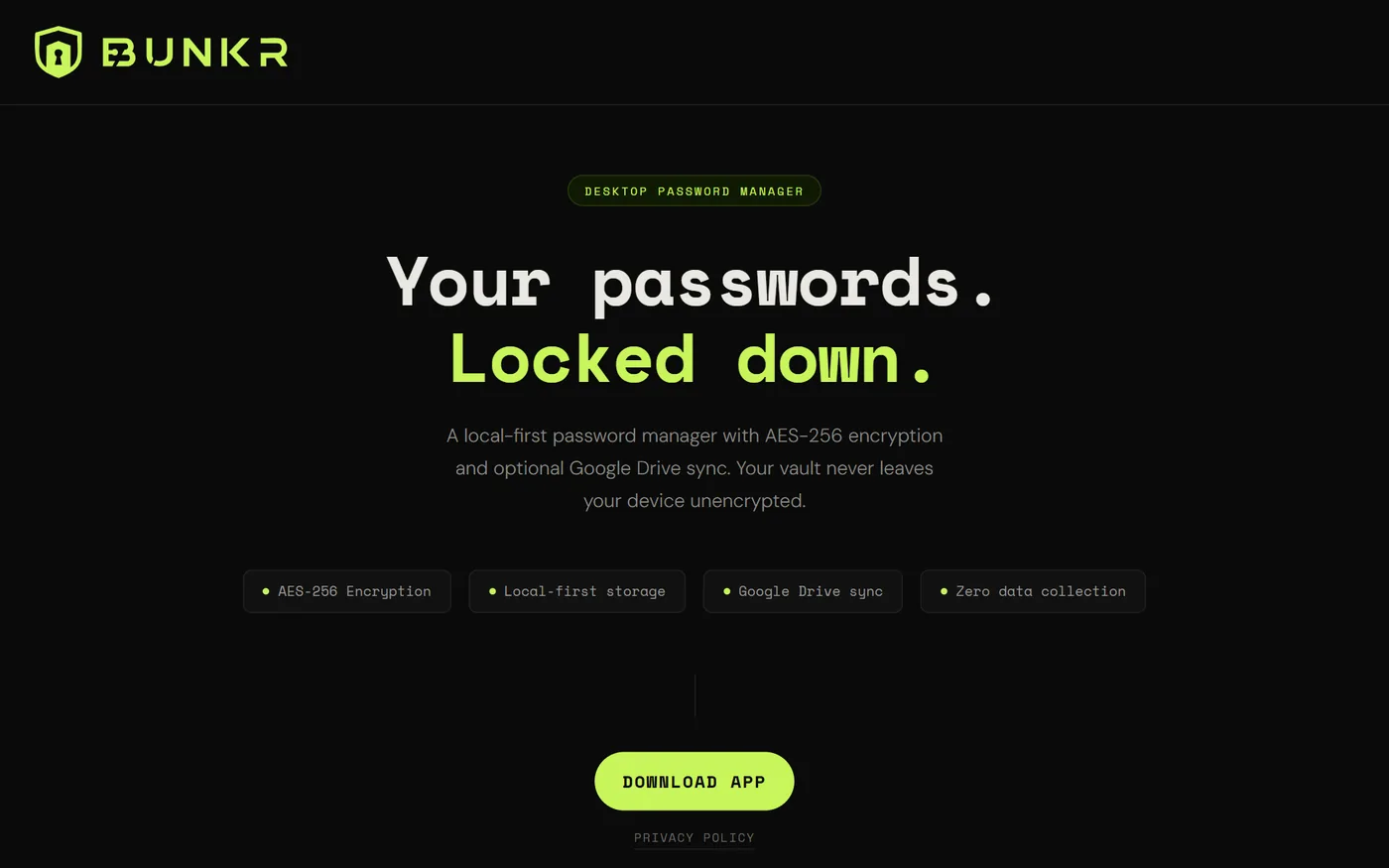 Bunkr's website: 'Your passwords. Locked down.', a local-first password manager with AES-256 encryption.