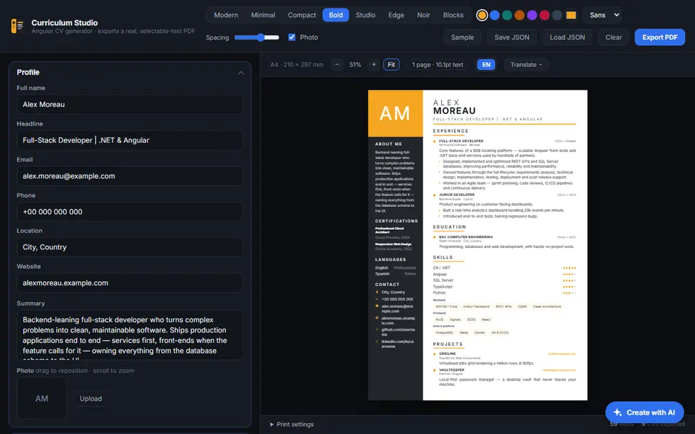 CV Studio: the editor on the left and the live A4 preview on the right, filled with sample data.