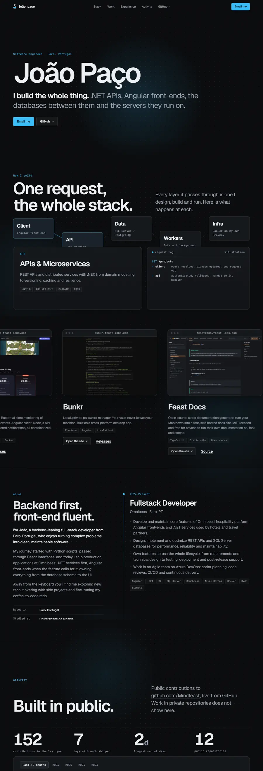 João Paço's portfolio: 'I build the whole thing.', .NET APIs, Angular front-ends, and the servers they run on.