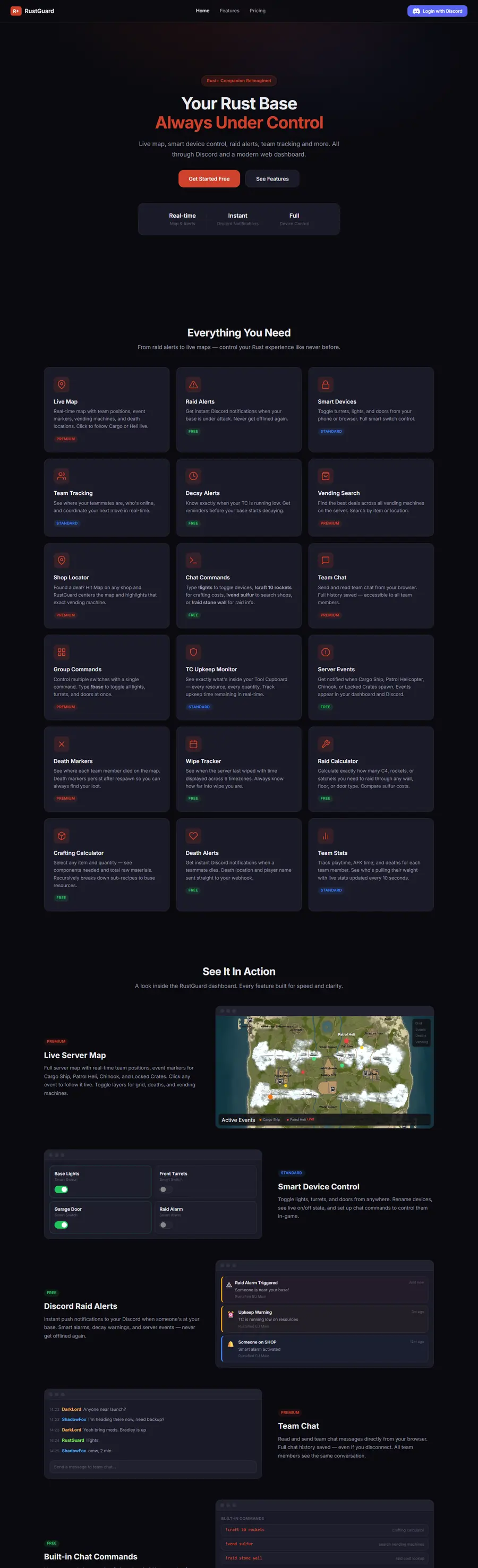 RustGuard's website: live map, raid alerts, smart devices, team tracking and the rest of its features.